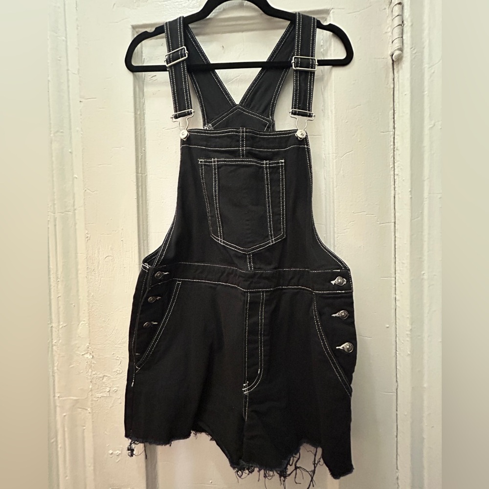 H&M Black Denim Overall Shorts with Contrast Stitching